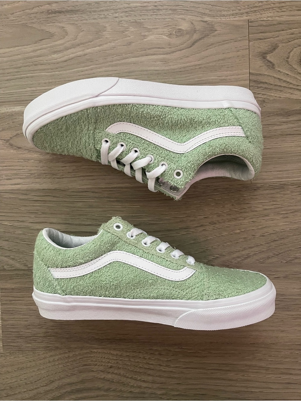 Vans Old Skool Terry Cloth Skate Sneakers in Mint Green and White - Women’s 7.5